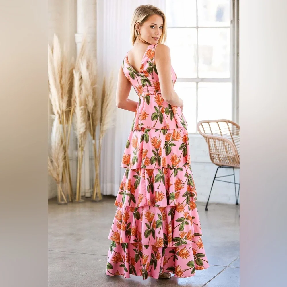 LULUS Party In Palm Springs Pink Floral Tiered Maxi Dress Satin Size medium - Picture 2 of 13